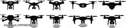 Drone icon set collection group, quadcopter UAV silhouette outline vector pack, aerial camera technology flying device symbol, flat and line style black icons isolated on transparent background