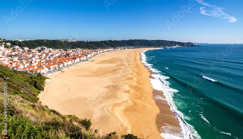 Expansive coastal view showcasing a long sandy beach, azure waves, and a town of red-roofed buildings under a vibrant blue sky