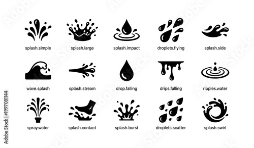 Water splash and droplet icons arranged on white background