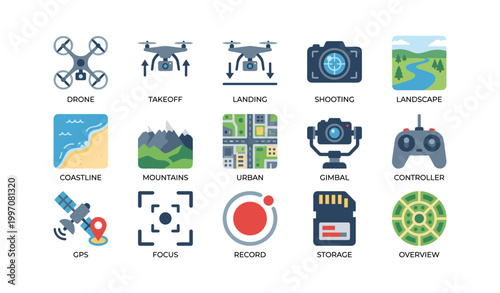 Drone operation and photography icons shown on white background
