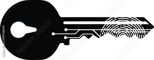 Black key silhouette with integrated fingerprint and circuit board patterns Keywords: key