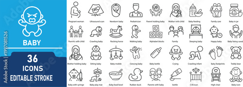 Baby Care Line Icon Set. Contains icons related to newborn, infant, parenting, childcare, toys, feeding, nursing, pregnancy, and family care. Editable stroke. Vector illustration.