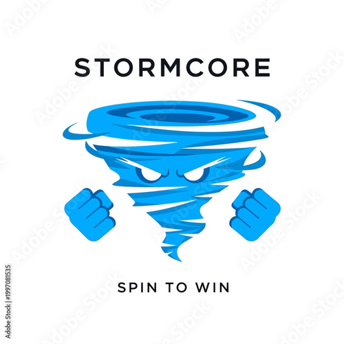 Blue angry tornado with flexed fists.