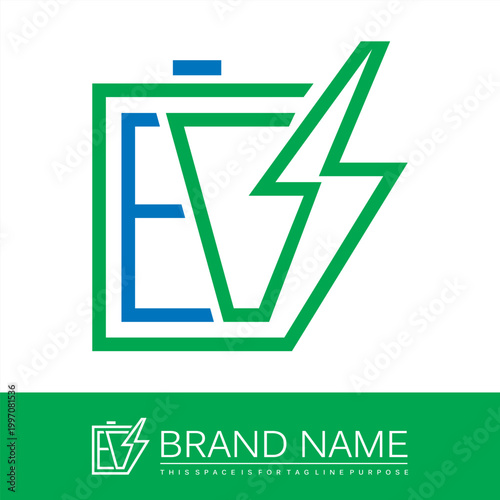 Letter EV Electric Bolt Battery Vector Logo