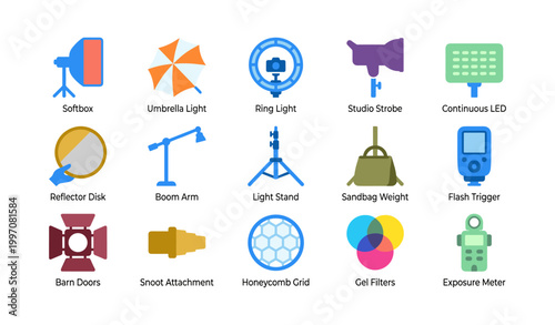 Studio lighting equipment icons showing accessories and supports on white