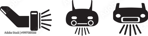 Set of three black representing a handheld flashlight, a robot head with light, and a car headlight beam