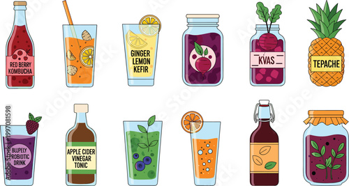 Refreshing Fruit and Herbal Drink Vector Set Featuring Ginger Lemonade, Kombucha, Infused Water, and Herbal Beverages for Healthy Drink Illustrations