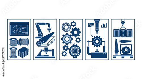 Industrial Manufacturing Stages with Raw Materials, 3D Printing, Quality Control, and Shipping Icons on Isolated White Background