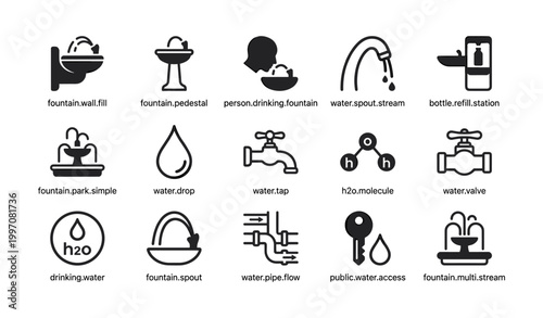 Water fountain and tap icons showing public access on white