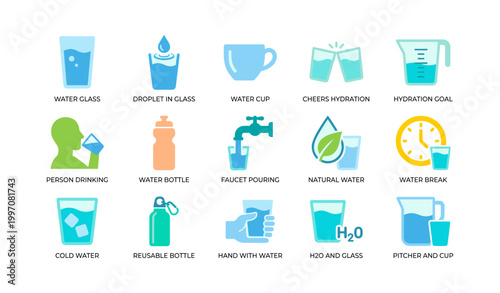 Hydration icons showing glasses bottles and faucets on white