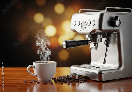 A steaming ceramic cup of coffee sits next to a modern espresso machine with scattered roasted beans and soft golden bokeh background light, aromatic, cafe, drinkware