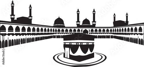 Kaaba and Pilgrimage Silhouettes Set — Tawaf, Prayer, Mosque, Hajj, Umrah Vector Illustration