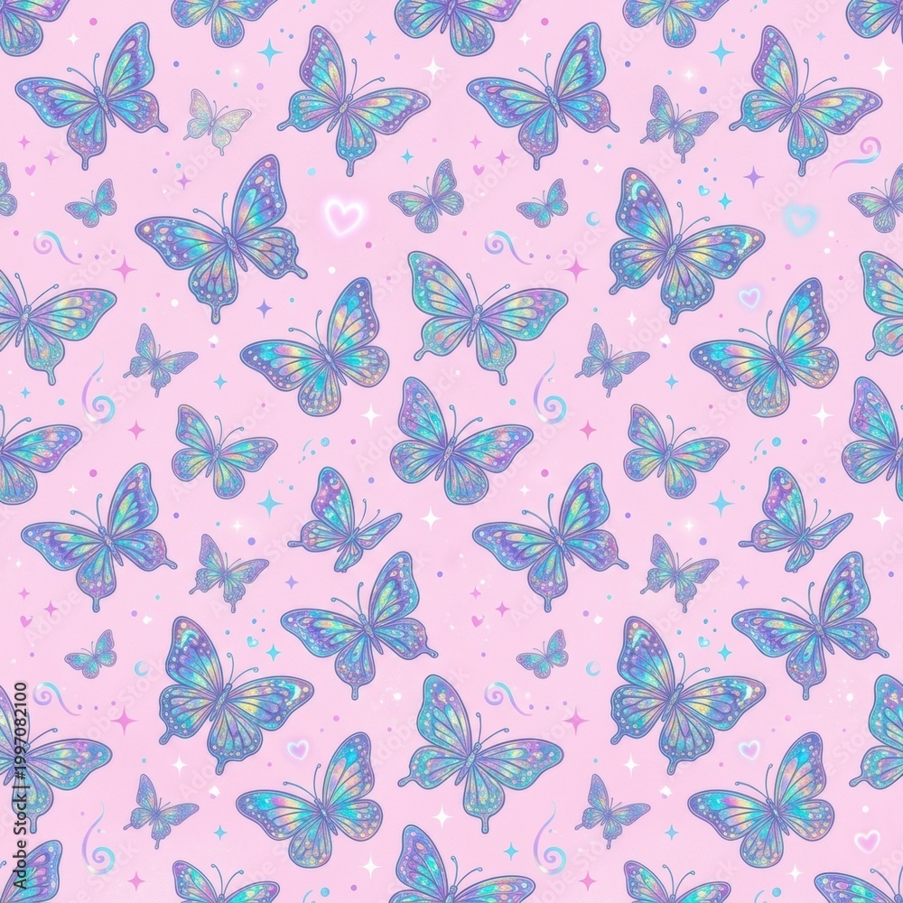 Fototapeta premium Colorful Butterflies Repeat in a Vibrant Pattern on a Soft Pink Background Perfect for Fabrics or Wallpapers