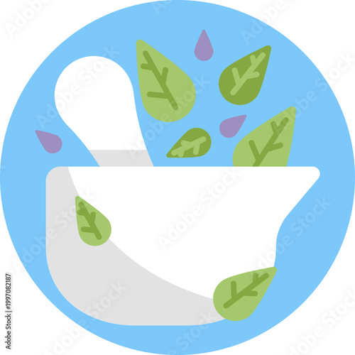 A traditional mortar and pestle combined with herbs or leaves, symbolizing the preparation of natural treatments and holistic healing practices.