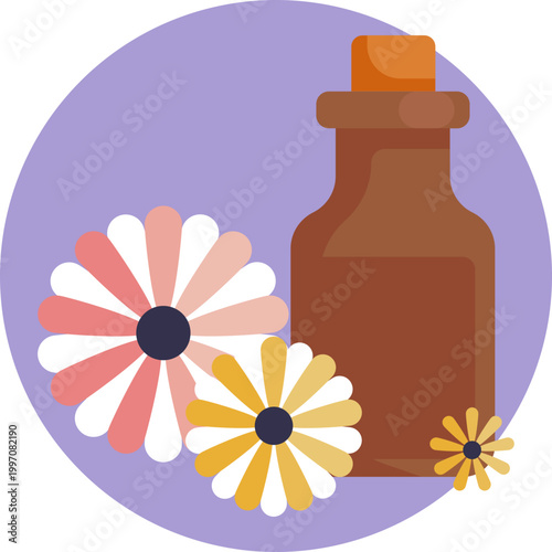 A small glass bottle with a dropper cap, symbolizing concentrated plant-based oils used for healing or relaxation.