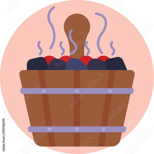 A stylized bucket with rising steam lines above it, emphasizing the connection to heat therapy, cleansing, and holistic health treatments associated with saunas.