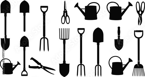 Flat vector illustration of gardening tools silhouette set, featuring shovels, pitchforks, watering cans, and shears for agricultural and backyard landscaping designs.