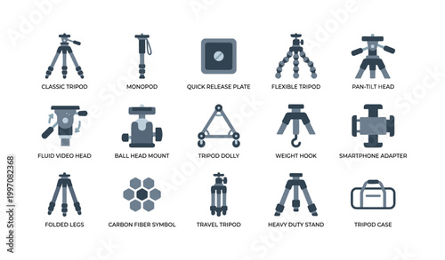 Tripod icons showing heads mounts and accessories for photo gear