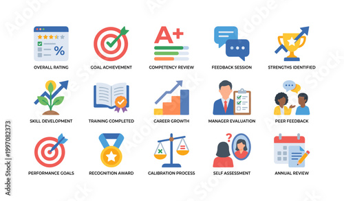 Performance review and development icons showing evaluation grid