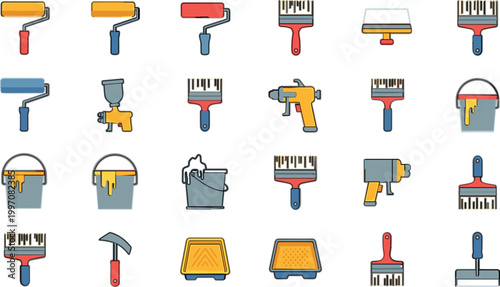 Painting Tools Icon Vector Set with Rollers Brushes Spray Gun Buckets and Equipment for Home Renovation DIY and Construction Design