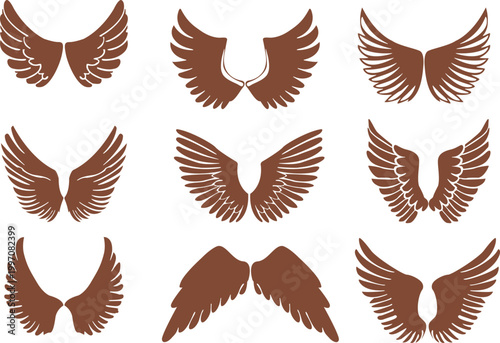 Collection of nine brown silhouette wing in a grid Keywords: wings, brown, silhouette, set