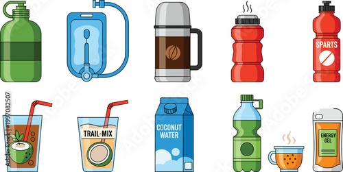 Sports and Hydration Drink Vector Set Featuring Water Bottles, Energy Drinks, Coconut Water, and Trail Mix Shakes for Active Lifestyle Illustrations