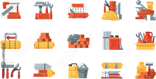 Construction Tools and Building Materials Vector Set with Bricks Cement Helmet Equipment and Industrial Icons for Engineering Design