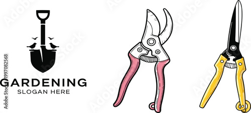 Gardening tools illustration with pruning shears hedge clippers and shovel logo design vector collection isolated on background