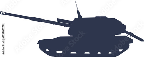 Dark Blue Silhouette of a Modern Military Tank with a Large Cannon