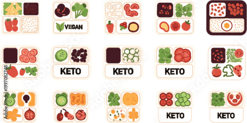 Vegan and Keto Meal Prep Vector Set with Healthy Diet Lunch Boxes Balanced Food Portions Vegetables Protein and Nutrition Containers