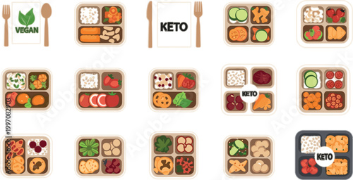 Vegan and Keto Meal Prep Lunch Box Vector Set with Healthy Diet Food Portions Vegetables Protein and Balanced Nutrition Containers