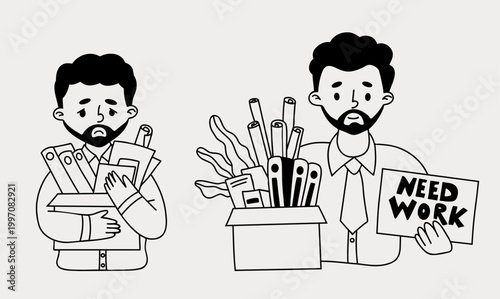 Unemployment and Job Seeking. Sad Fired Man Holding Box of Office Supplies and Need Work Sign. Isolated Outline Doodle hand-drawn. Vector illustration