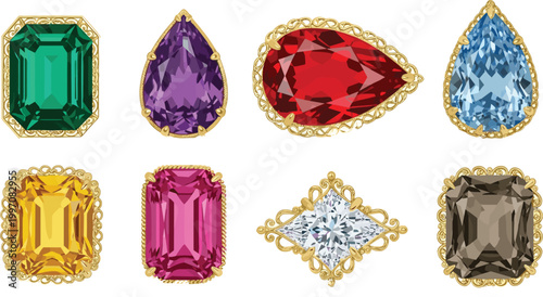 Colorful Gemstones in Various Cuts and Gold Settings for Jewelry, Luxury, and Design ConceptsColorful Gemstones in Various Cuts and Gold Settings for Jewelry, Luxury, and Design Concepts
