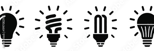 Four Black Light Bulb Icons with Rays Keywords: light bulb, idea, energy, electricity