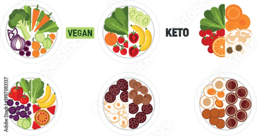 Diet Comparison Vector Set with Vegan Keto and Balanced Food Plates Showing Healthy Nutrition Portions for Lifestyle and Meal Planning Design