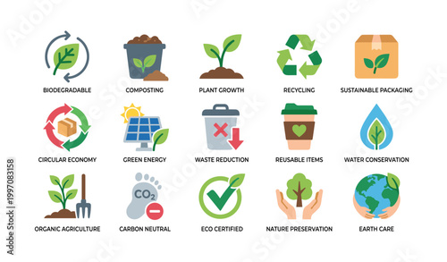 Environmental icons showing sustainability concepts on white