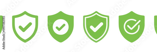 Green Shield Icons with Check Marks Keywords: shield, check mark, tick, approved, verified