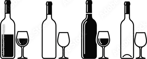 Wine Bottle and Glass Icon Set with Different Styles for Beverage, Alcohol, and Winery DesignsWine Bottle and Glass Icon Set with Different Styles for Beverage, Alcohol, and Winery Designs