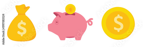 Money Bag Piggy Bank and Coin Icons dollar sign savings