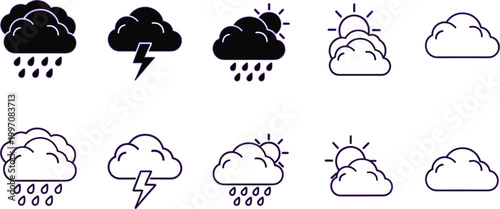 Weather Icons Set for Cloudy, Rainy, and Stormy Conditions with Thunder and Sun IllustrationsWeather Icons Set for Cloudy, Rainy, and Stormy Conditions with Thunder and Sun Illustrations