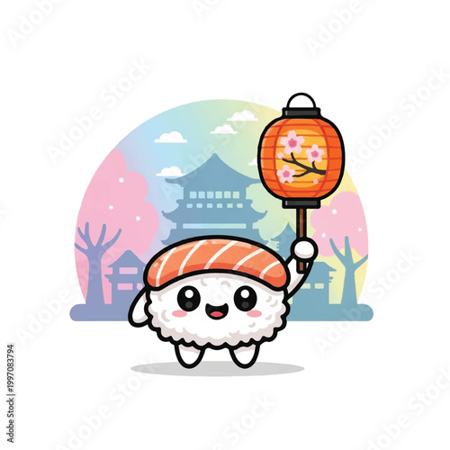 Cute Salmon Nigiri Sushi Character Holding Lantern.