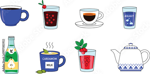 Tea and Coffee Vector Set Featuring Herbal Teas, Fruit Juices, Coffee Mugs, and Refreshing Beverages for Relaxing Drink Illustrations