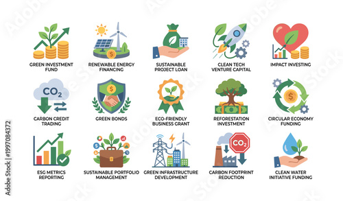 Sustainable finance and investment icons on white background