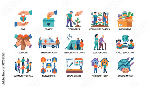 Community service icons showing charity activities on white background