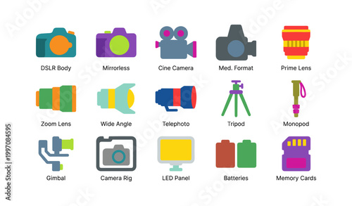Film and digital equipment icons arranged on white background