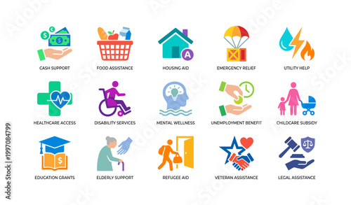 Social assistance and public service icons arranged on white