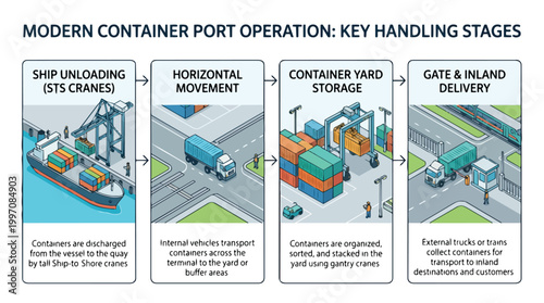 Modern container port operation infographic showing key handling stages including ship unloading with STS cranes horizontal movement yard storage and inland delivery by truck and train