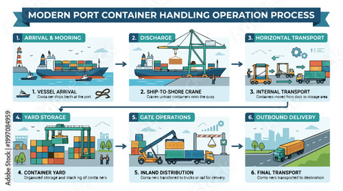 Infographic of modern port container handling operation process including vessel arrival discharge internal transport yard storage gate operations and final delivery steps