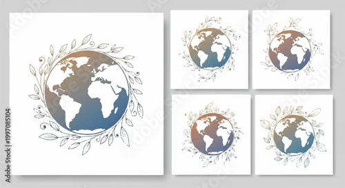 Collection of hand drawn globe sketches surrounded by leafy branches and floral elements for eco conscious branding and design projects