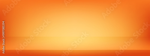 Bright orange limbo background. Abstract golden studio design. Yellow gradient back room with clean floor and plain countertop perspective template. Empty autumn kitchen stand with light for header